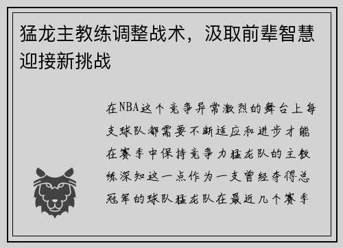 猛龙主教练调整战术，汲取前辈智慧迎接新挑战